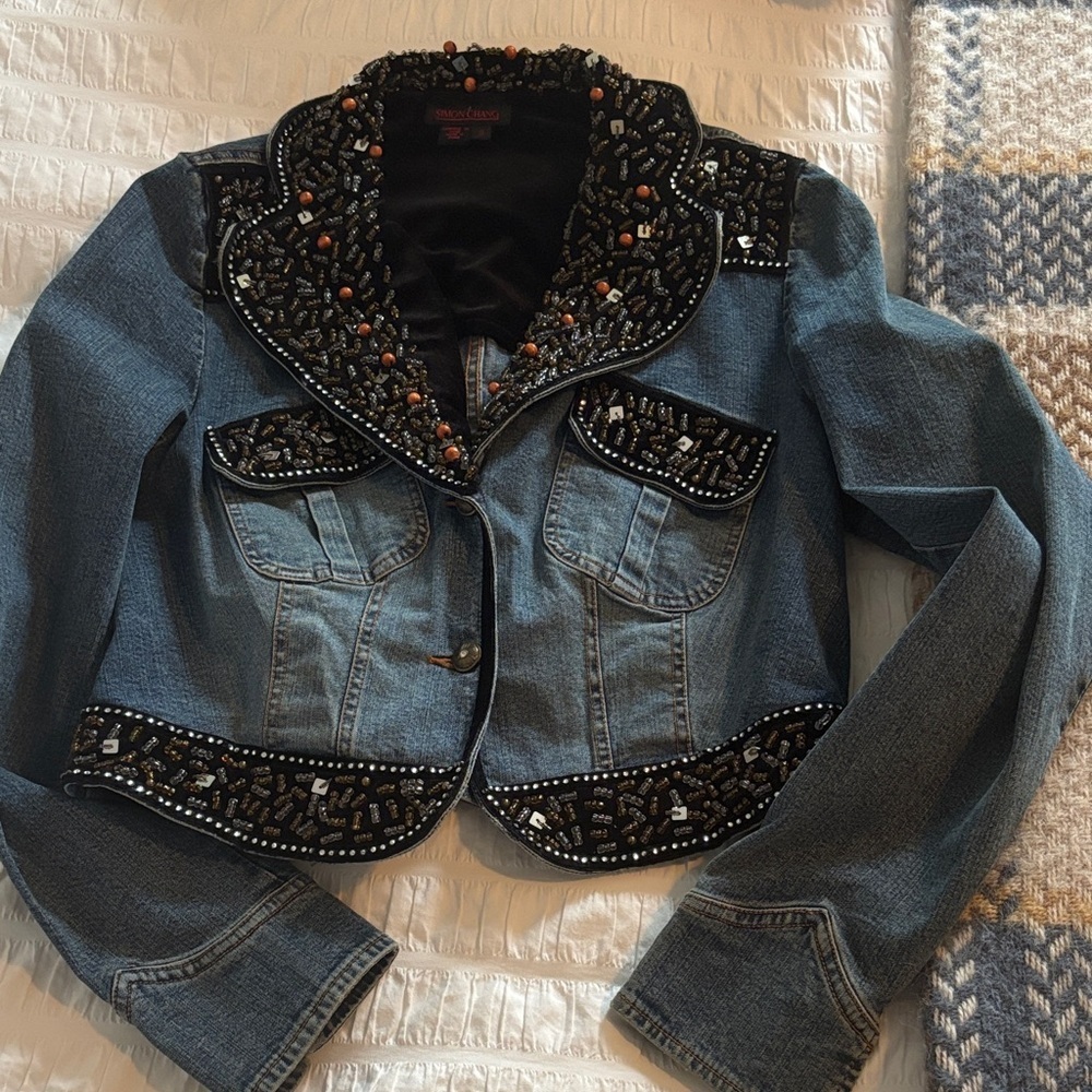 Vintage Stunning Simon Chang Medium Blue Denim Jacket with Beaded Embellishment - Picture 9 of 15